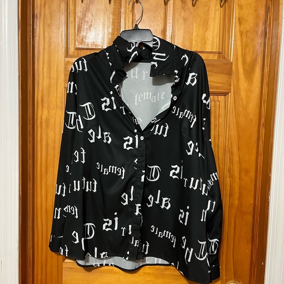 Black with white lettering button down blouse - Picture 2 of 6